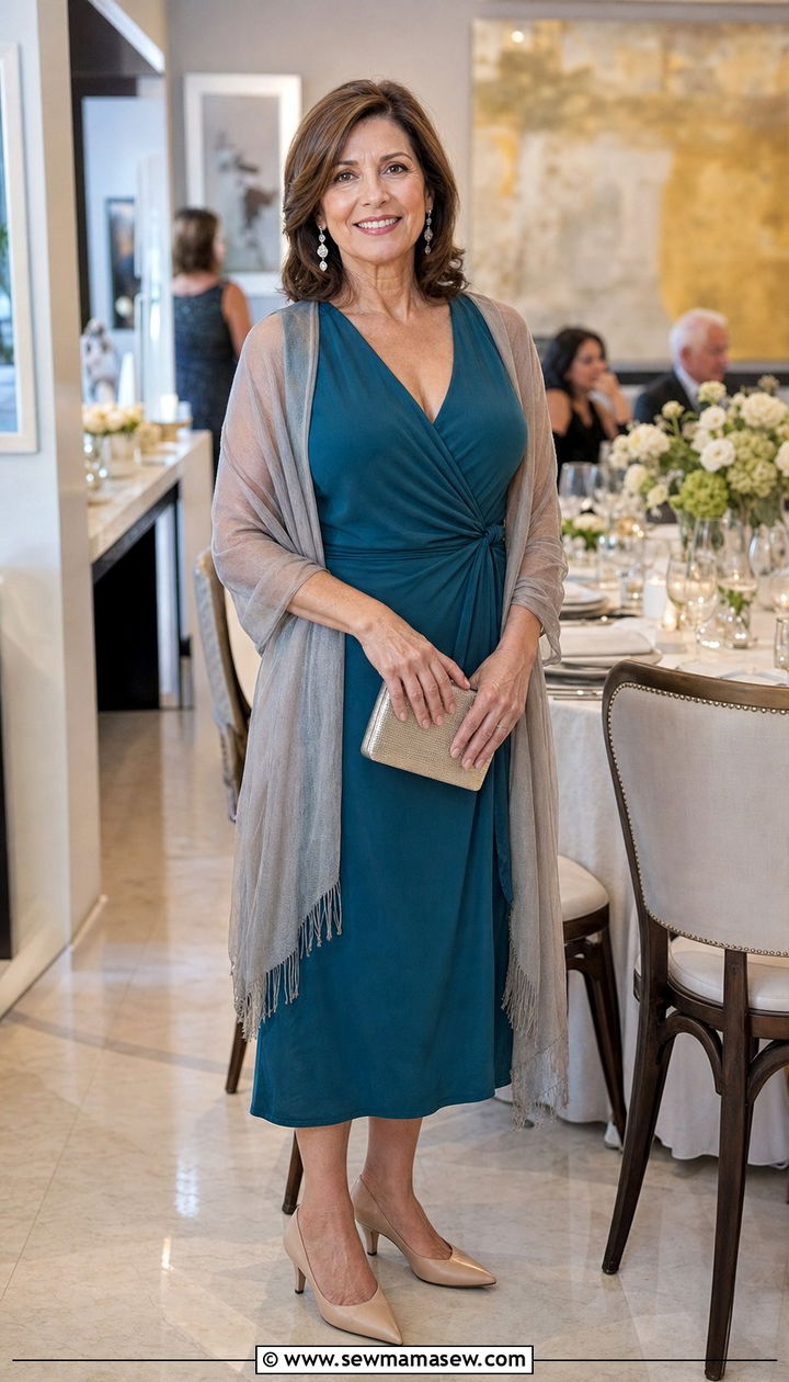 Midi Wrap Dress in Jewel Tone with Kitten Heels - 25 Family reunion outfit ideas for women over 50