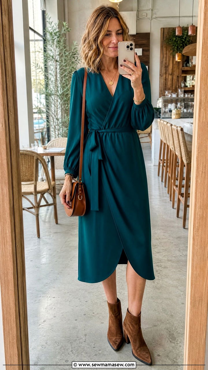 Midi Wrap Dress with Ankle Boots - 30 everyday outfit ideas for women over 40