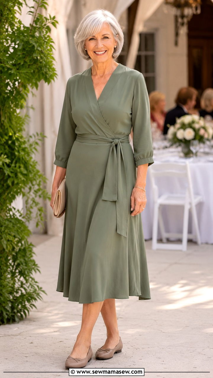 Midi Wrap Dress with Ballet Flats - 25 Modest outfit ideas for women over 60