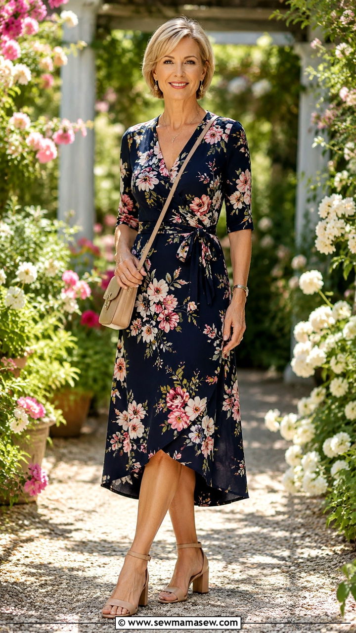 Midi Wrap Dress with Block Heel Sandals - 30 Outfit ideas for boomer women