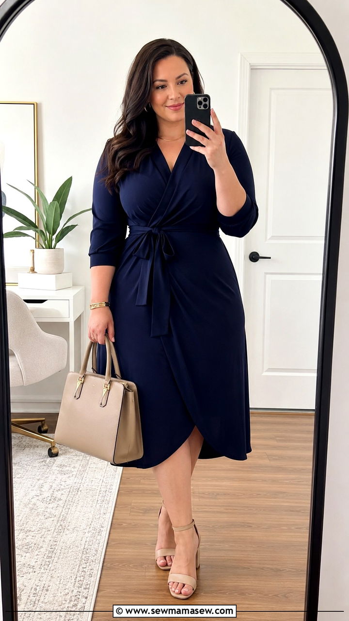 Midi Wrap Dress with Block Heels - 30 Office outfit ideas plus size