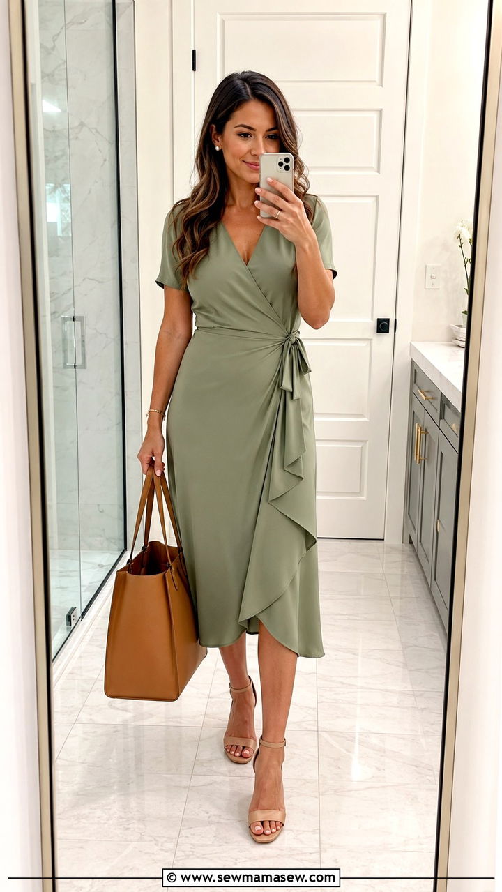 Midi Wrap Dress with Block Heels and a Structured Tote Outfit - 30 Business casual outfits for Fridays