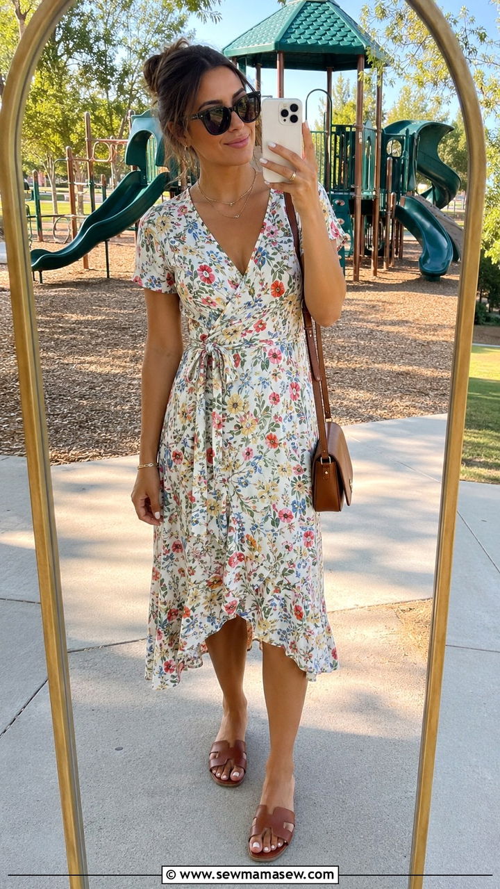 Midi Wrap Dress with Flat Sandals and Crossbody - 25 Playground outfit ideas for moms