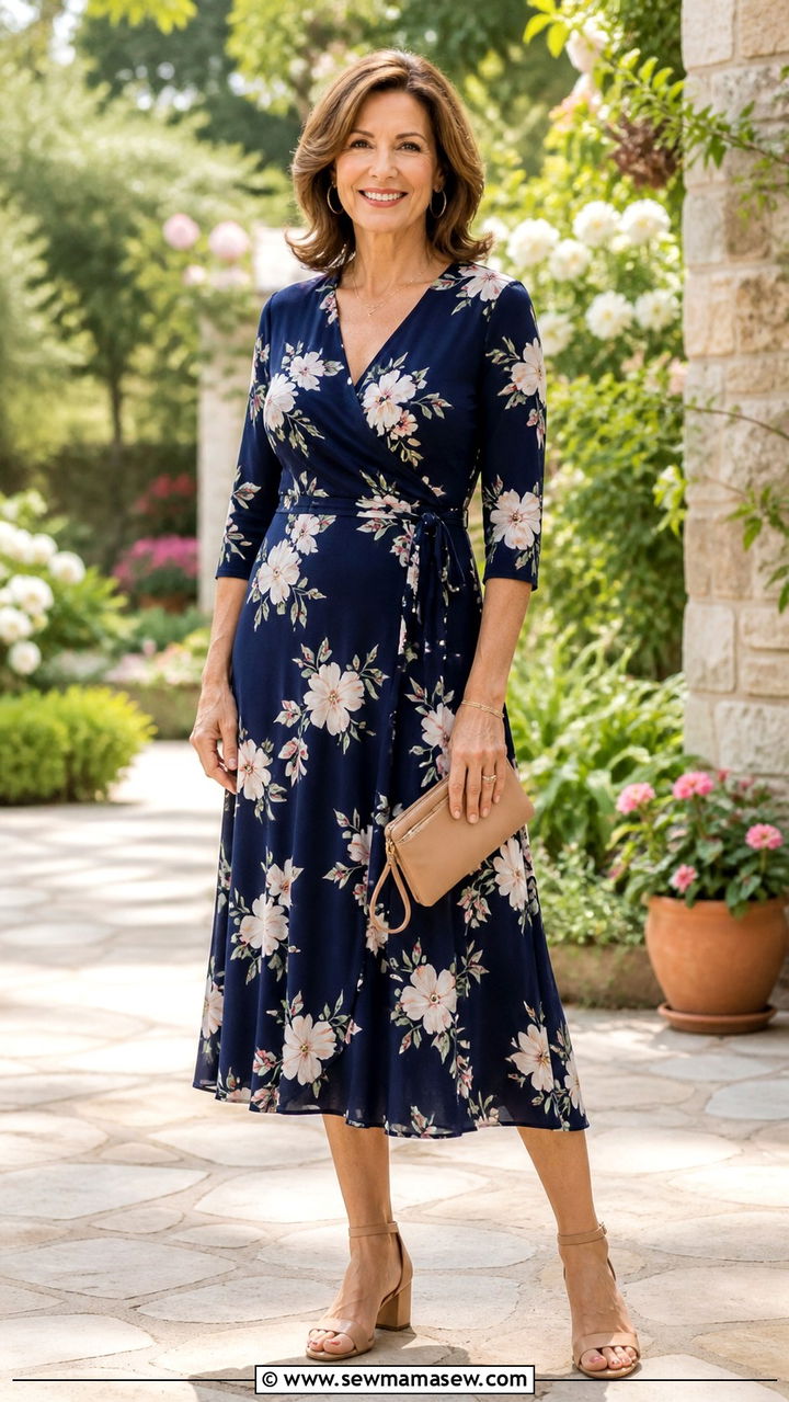 Midi Wrap Dress with Low Block Heels - 20 55 year old woman outfit ideas