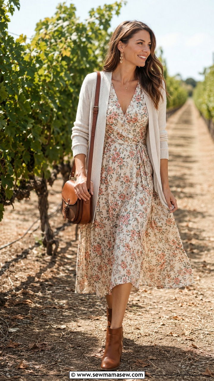 Midi Wrap Dress with Thin Knit Cardigan and Ankle Boots - 25 transitional vacation outfit ideas