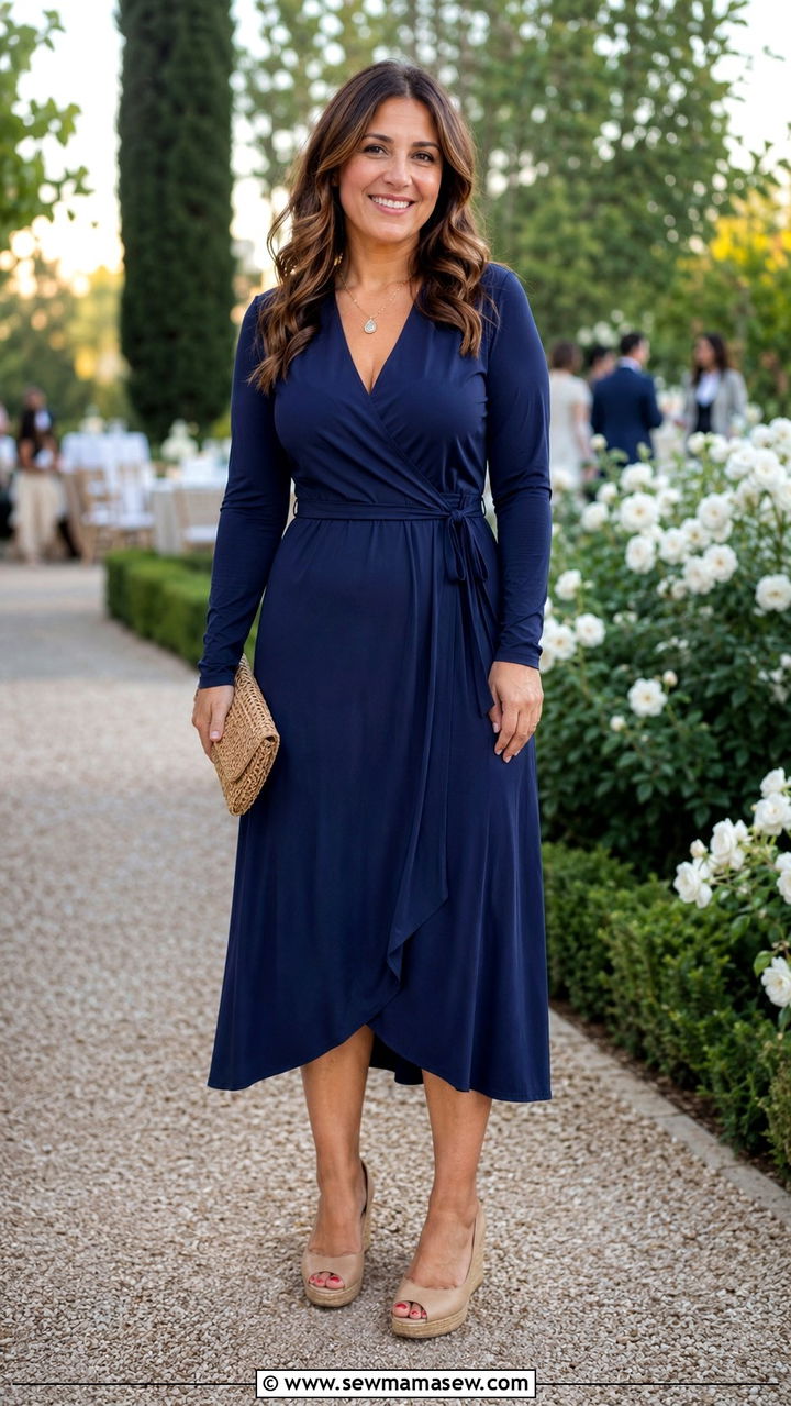 Midi Wrap Dress with Wedges - 30 transitional midsize outfit ideas