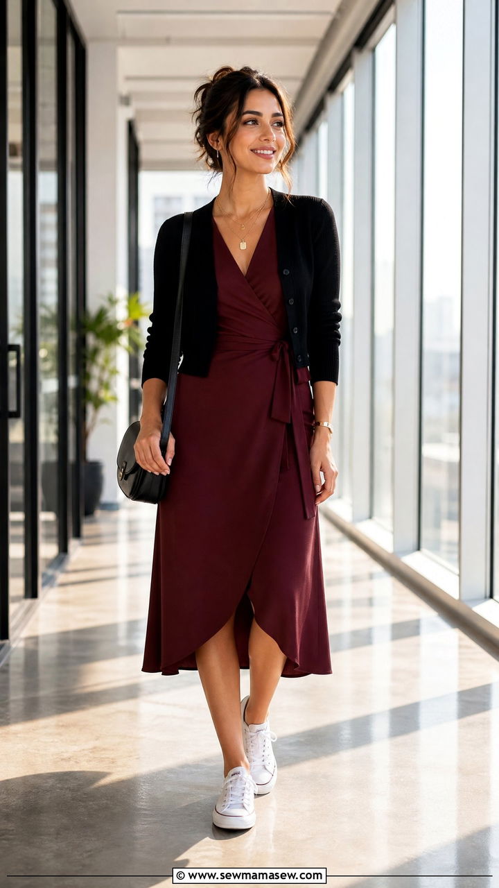 Midi Wrap Dress with White Sneakers Work Look - 25 How to style white sneakers for work