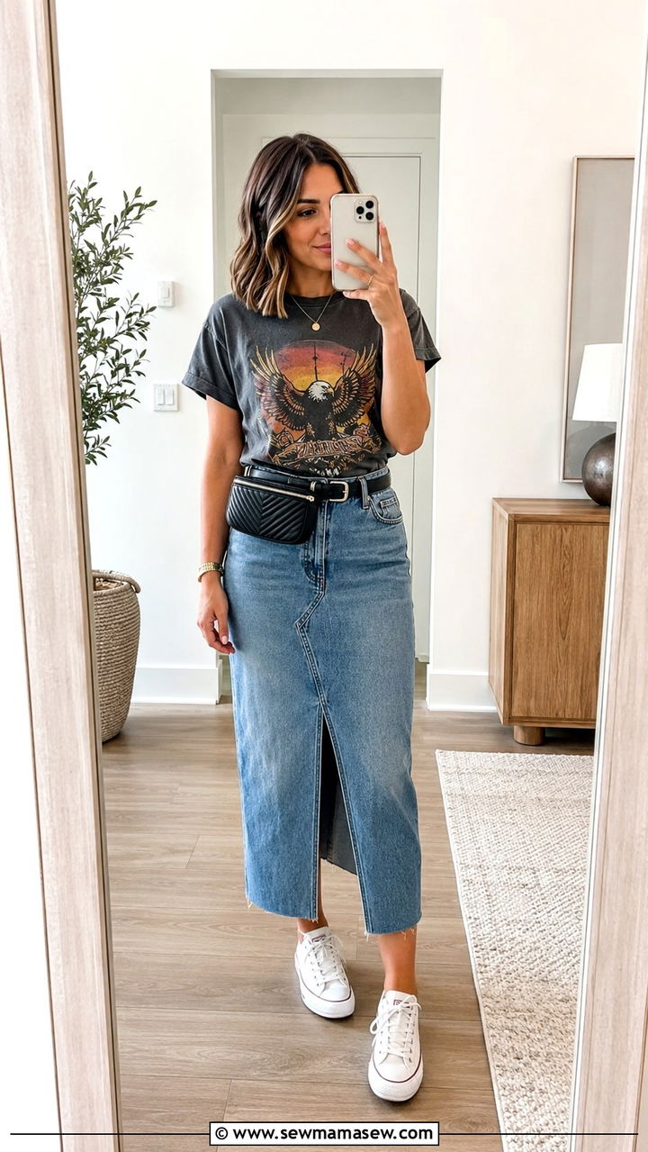 Midi denim skirt with graphic tee and canvas sneakers - 30 modest summer concert outfit ideas