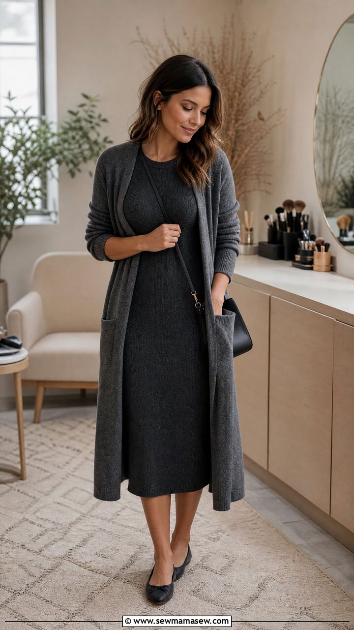 Midi dress and cardigan outfit for makeup artists - 30 Makeup artist outfit ideas