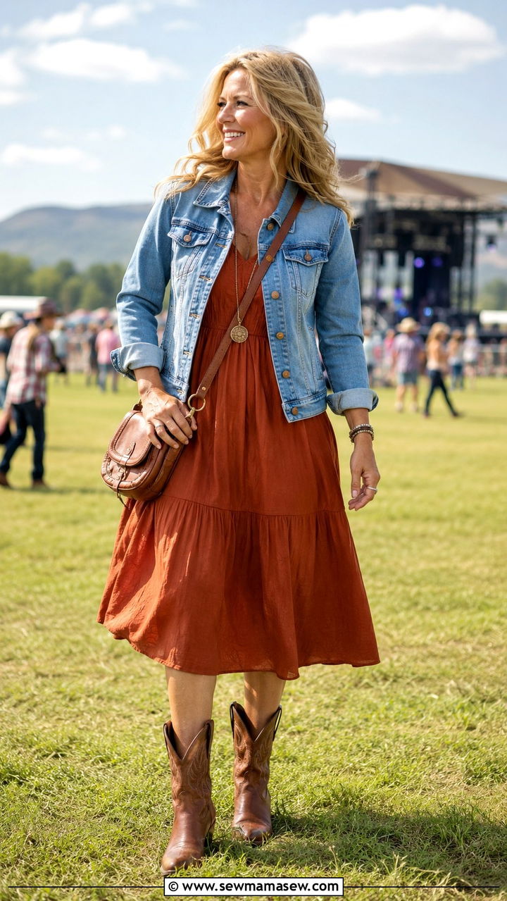 Midi dress and denim jacket concert over 50 - 25 What to wear to a concert over 50