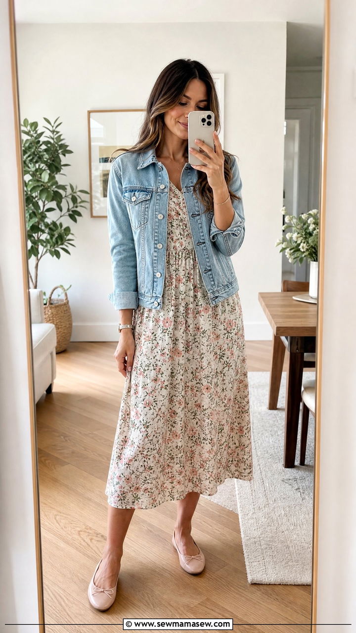 Midi dress and denim jacket with ballet flats - 25 Business casual outfits with flats