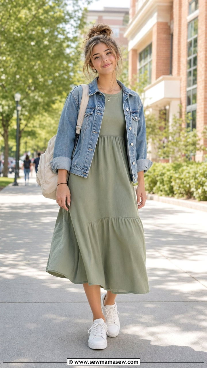 Midi dress and white sneakers outfit for school - 35 Back to school outfit ideas 9th grade