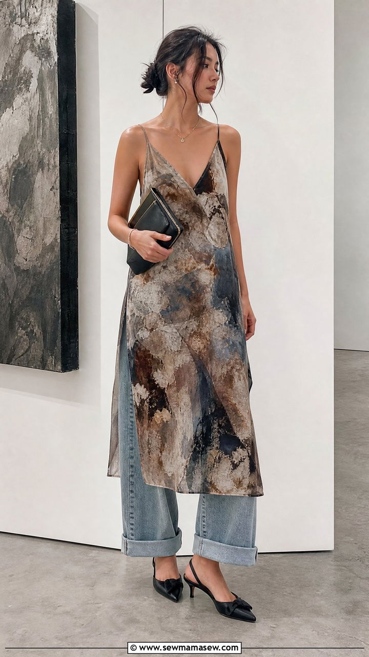 Midi dress layered over cuffed baggy jeans - 25 How to style baggy jeans