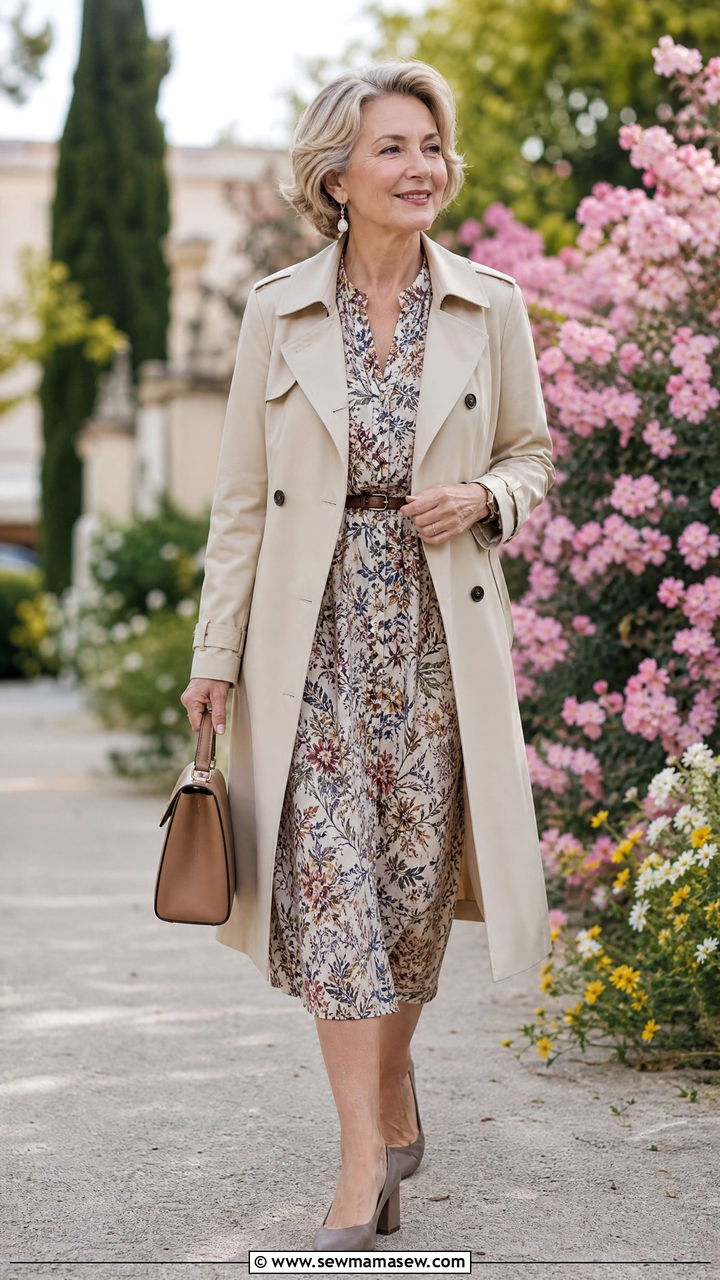 Midi dress with a trench coat - 30 French girl outfit ideas for women over 60