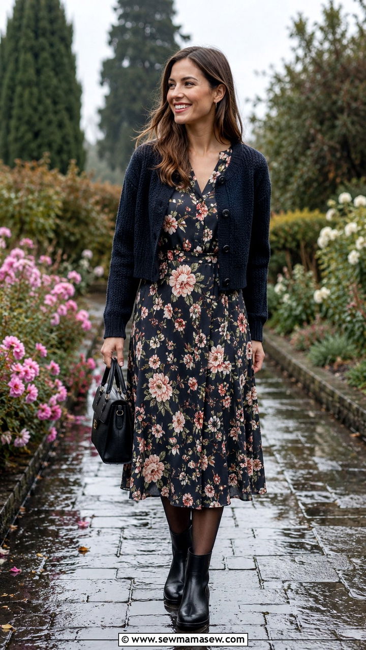 Midi dress with ankle rain boots outfit - 20 Thunderstorm outfit ideas