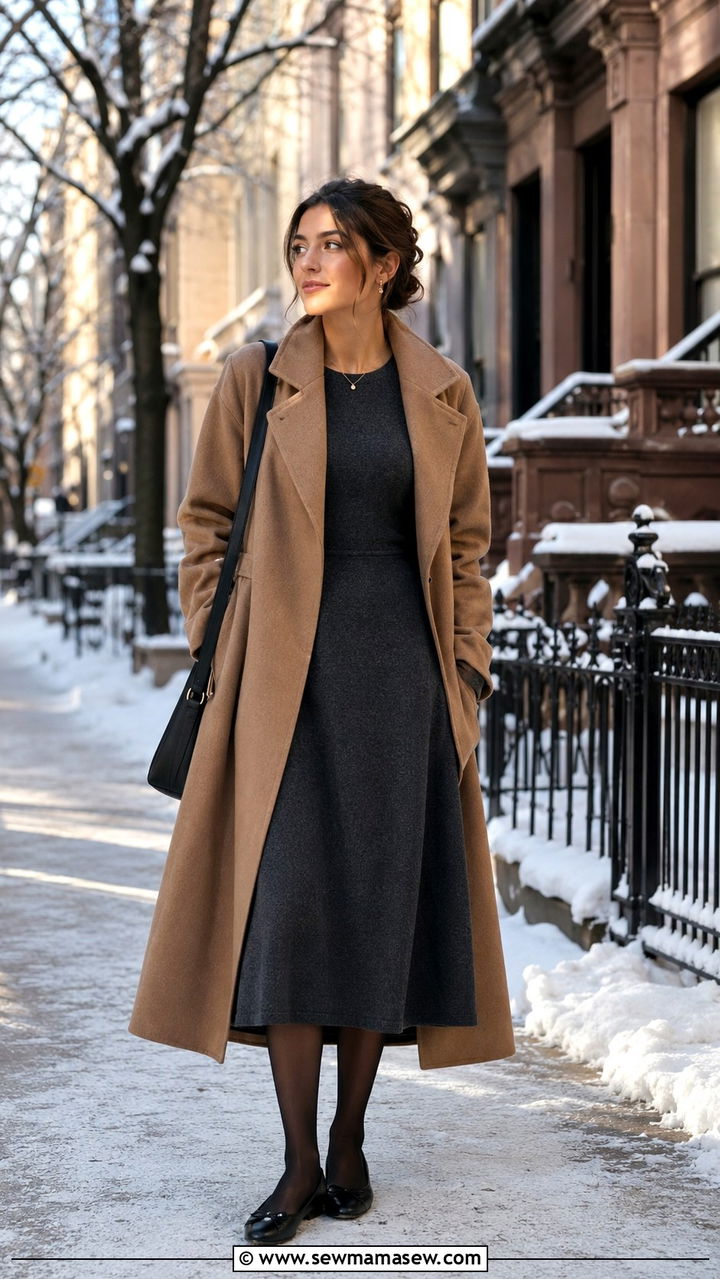 Midi dress with ballet flats and tights for winter - 25 Midi dress with ballet flats outfit ideas