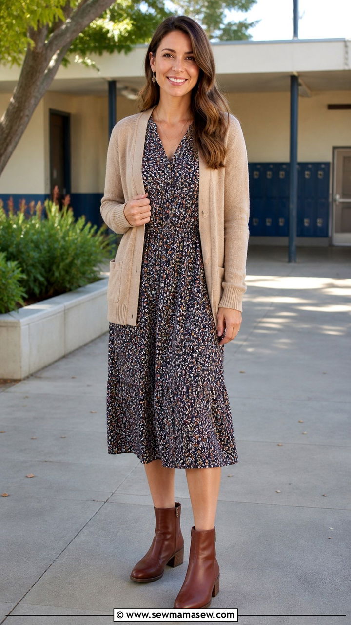 Midi dress with cardigan and ankle boots - 40 classy teacher outfits