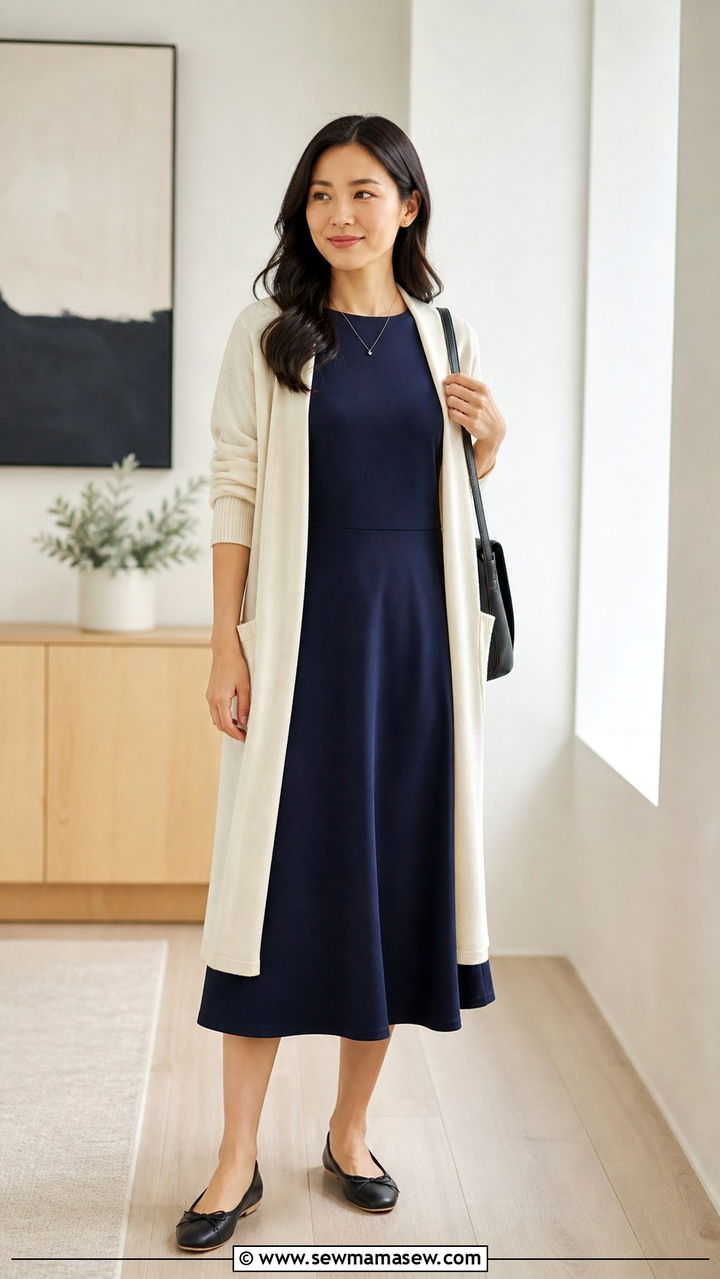 Midi dress with cardigan and ballet flats - 40 midi dress outfit ideas