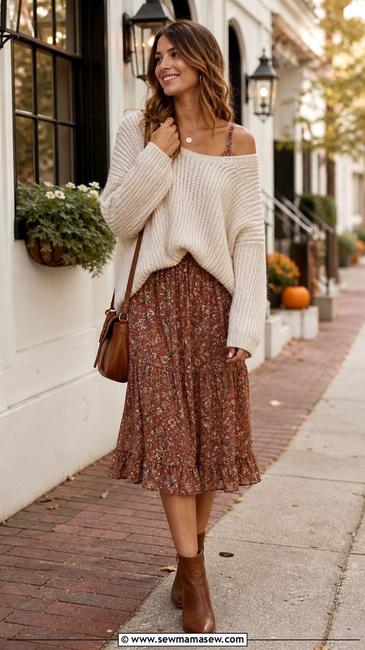 Midi dress with chunky knit sweater layered over - 40 midi dress outfit ideas