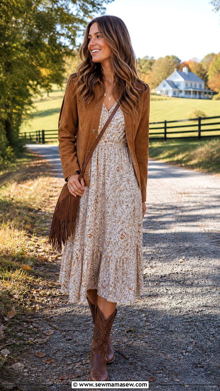 Midi dress with cowboy boots and a suede jacket - 40 midi dress outfit ideas