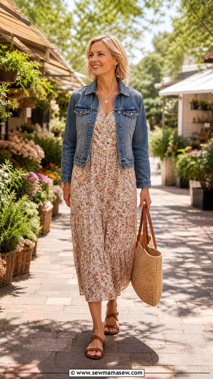 Midi dress with denim jacket and flat sandals - 40 Outfit ideas for women over 40