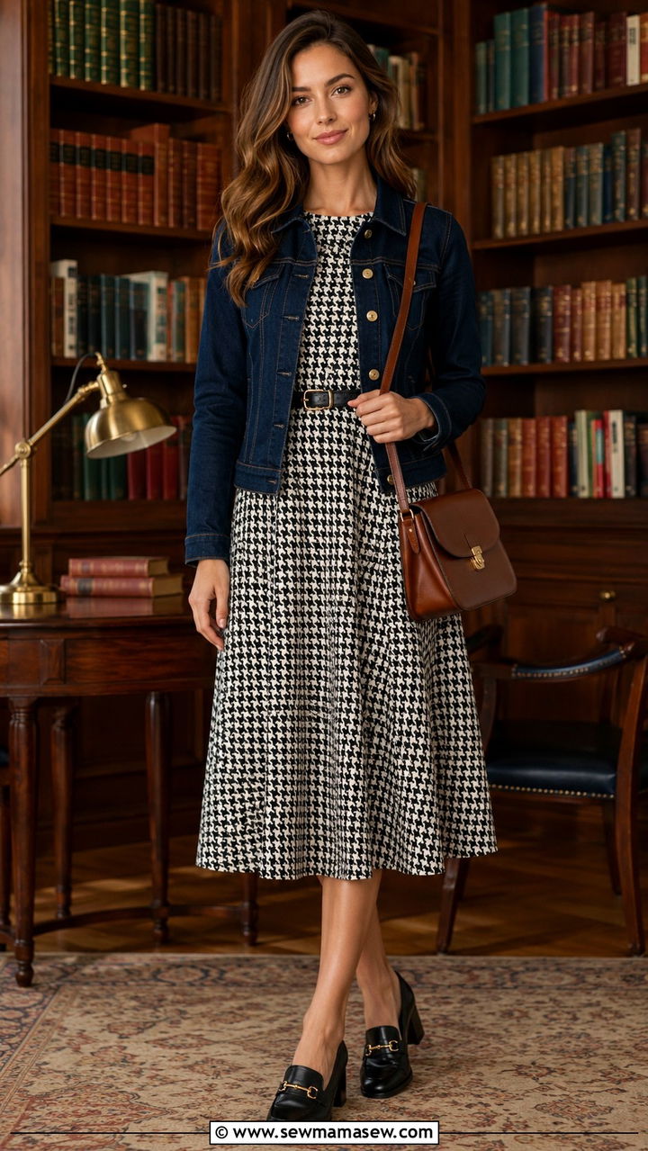Midi dress with denim jacket and heeled loafers - 30 Midi dress with denim jacket outfit ideas