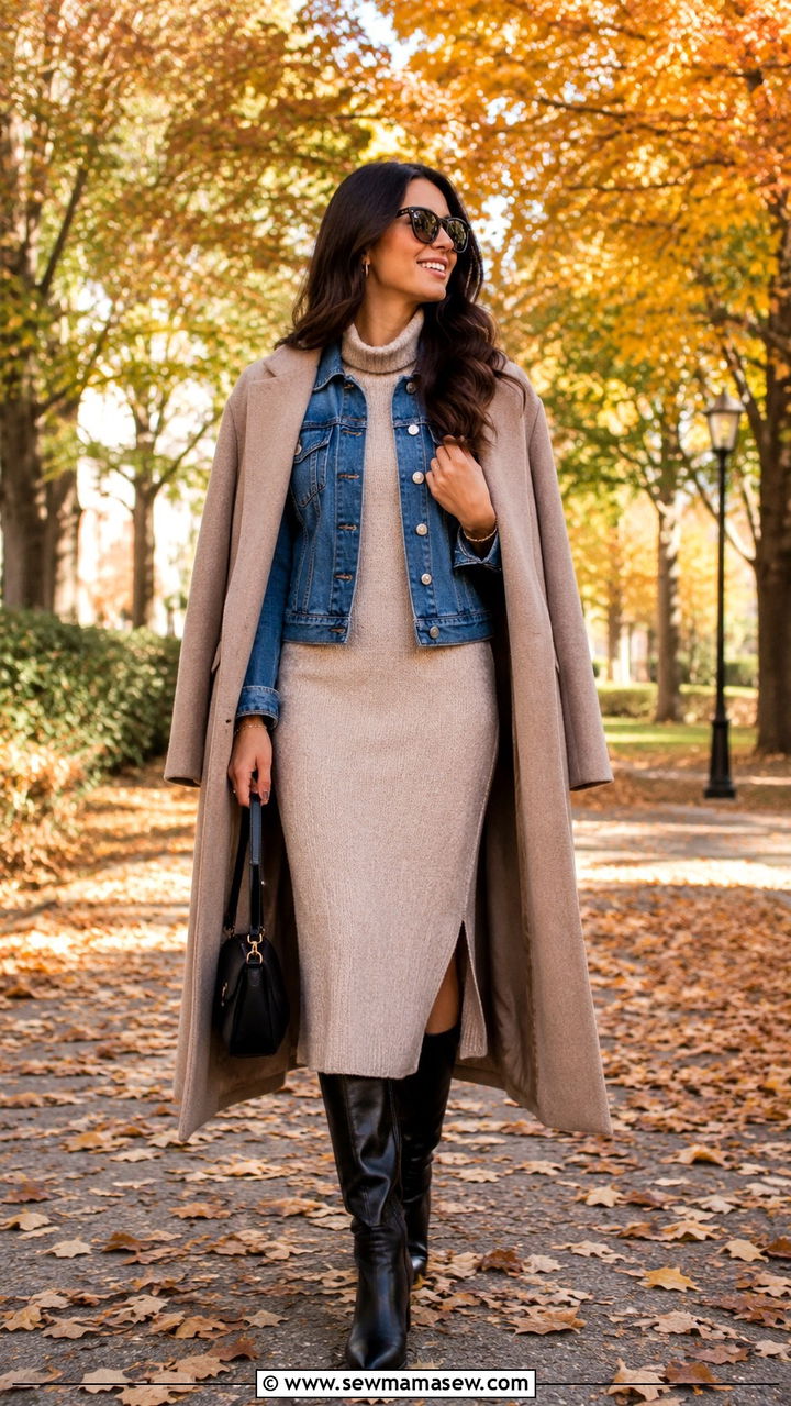 Midi dress with denim jacket and knee high boots - 30 Midi dress with denim jacket outfit ideas