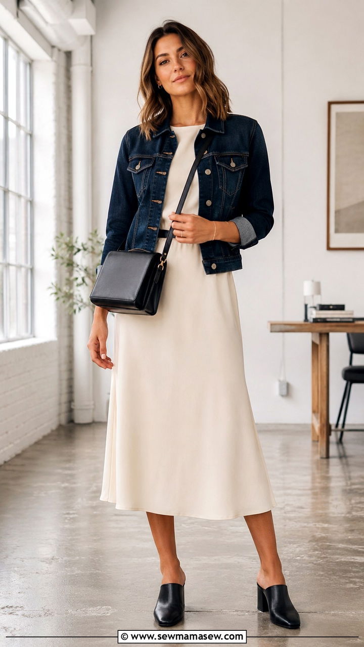 Midi dress with denim jacket and mules - 30 Midi dress with denim jacket outfit ideas