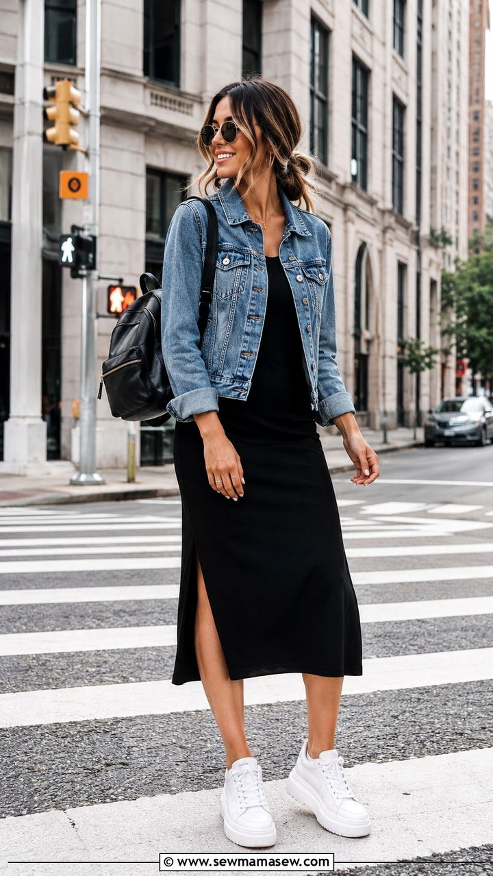 Midi dress with denim jacket and platform sneakers - 30 Midi dress with denim jacket outfit ideas