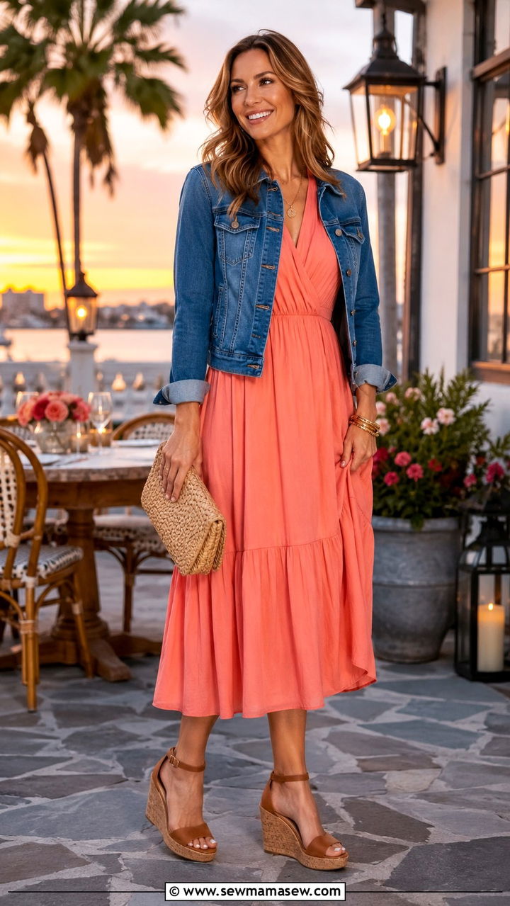 Midi dress with denim jacket and wedge sandals - 30 Midi dress with denim jacket outfit ideas