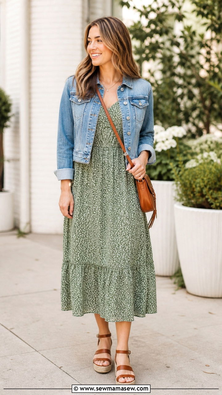 Midi dress with denim jacket and wedge sandals - 40 midi dress outfit ideas
