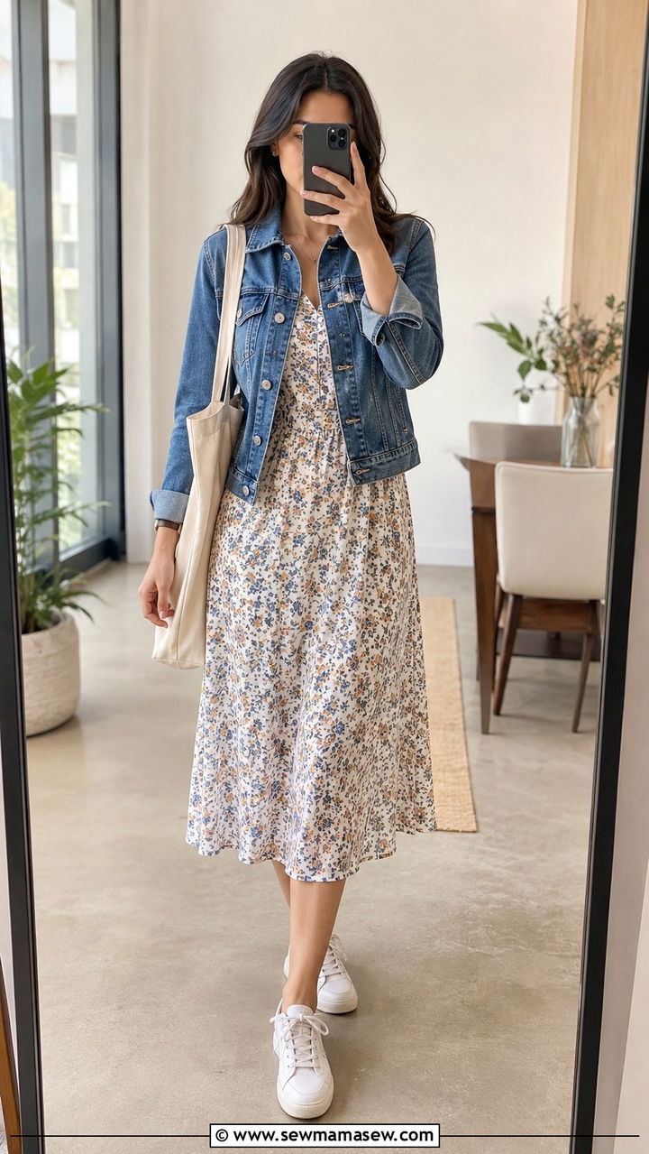 Midi dress with denim jacket outfit - 30 transitional work outfit ideas