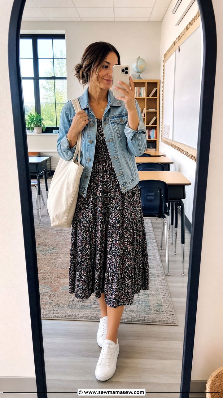 Midi dress with denim jacket substitute outfit - 30 Substitute teacher outfit ideas