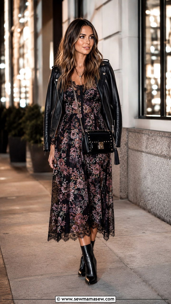 Midi dress with leather jacket and ankle boots - 25 Midi dress with ankle boots outfit ideas