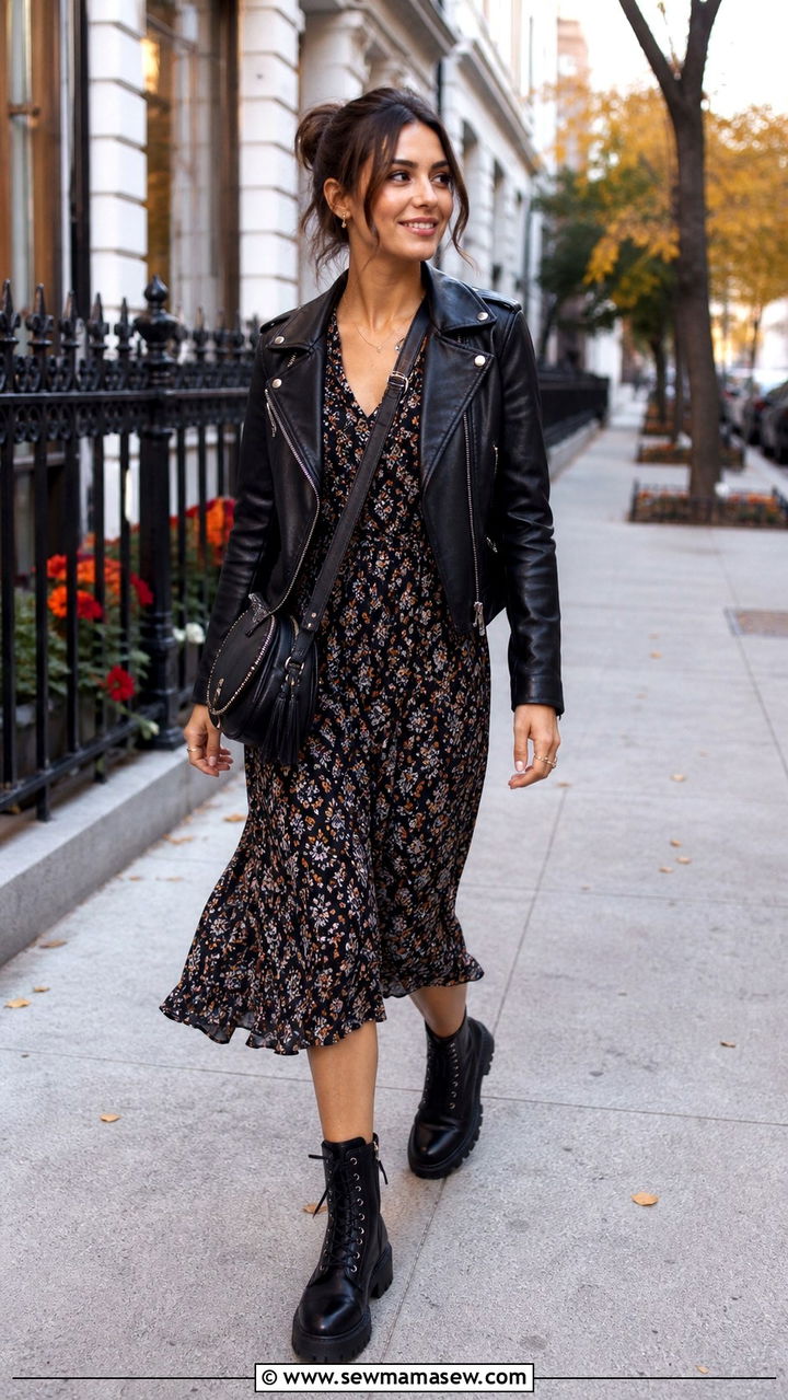 Midi dress with leather jacket and combat boots - 40 midi dress outfit ideas