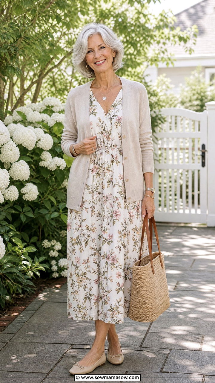 Midi dress with lightweight cardigan outfit - 20 60 year old woman outfit ideas