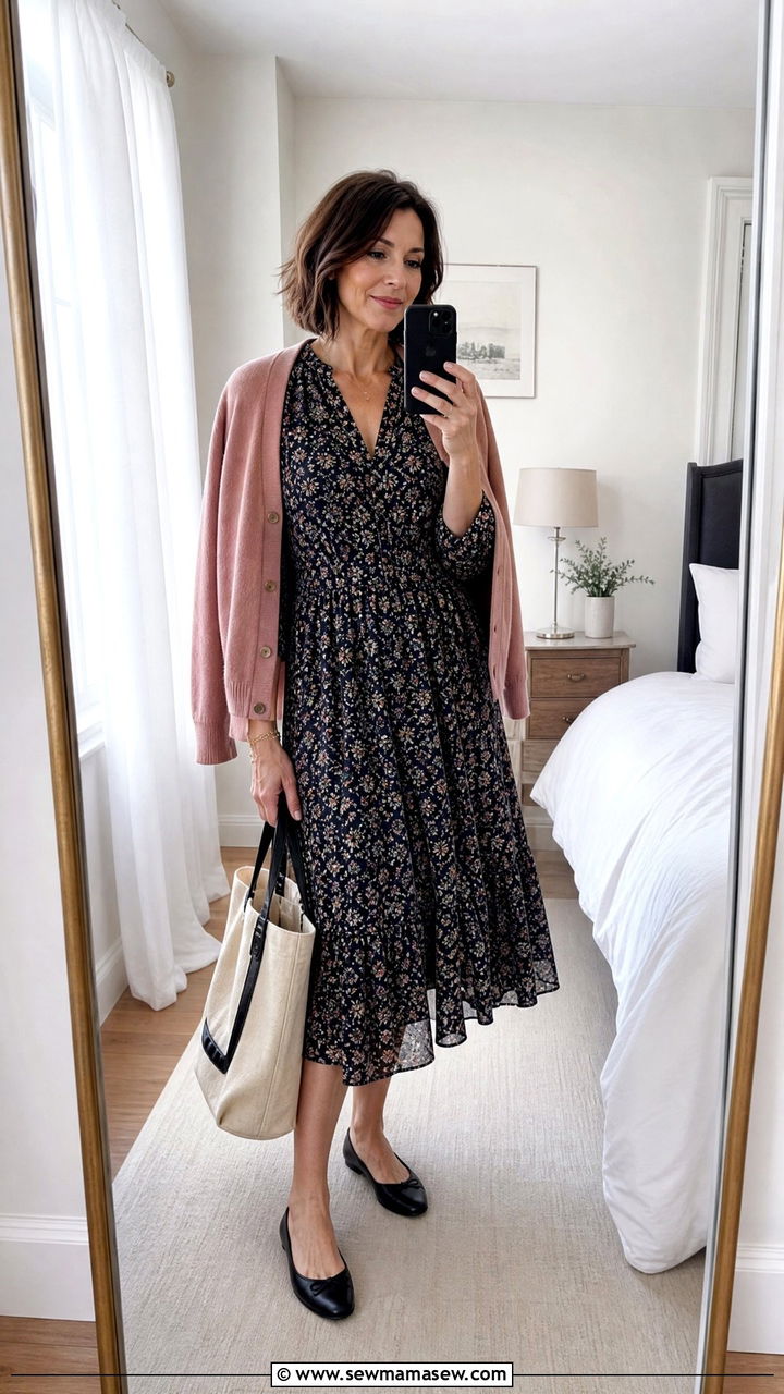 Midi dress with lightweight cardigan - 35 French girl outfit ideas for women over 40
