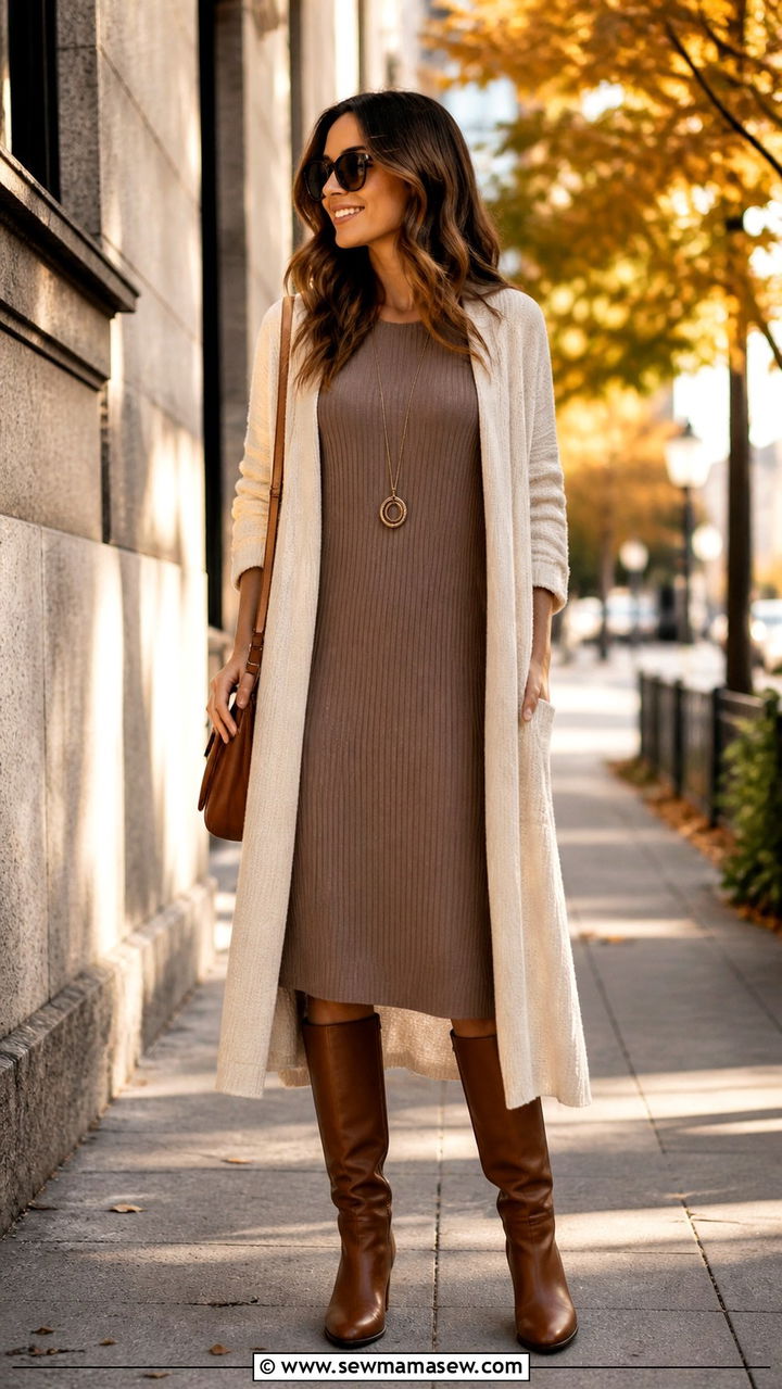 Midi dress with long cardigan and knee high boots - 40 midi dress outfit ideas