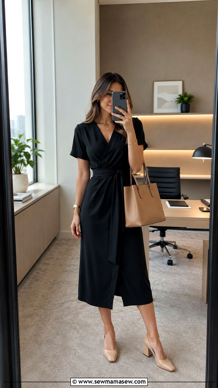 Midi dress with low block heels and structured tote - 30 Internship outfit ideas for women