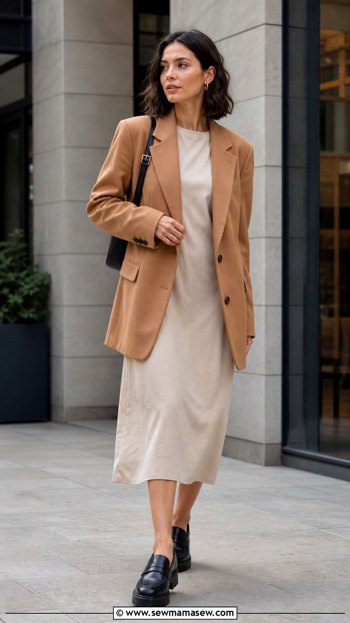 Midi dress with oversized blazer and chunky loafers - 40 midi dress outfit ideas