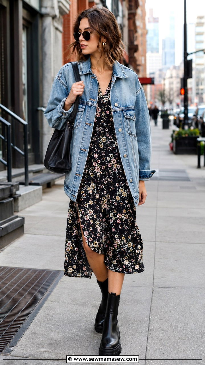Midi dress with oversized denim jacket and chunky boots - 30 Midi dress with denim jacket outfit ideas
