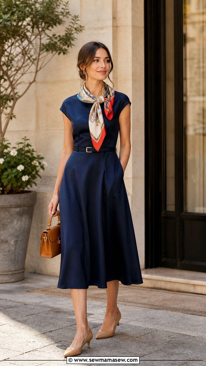Midi dress with printed silk scarf and kitten heels - 40 midi dress outfit ideas