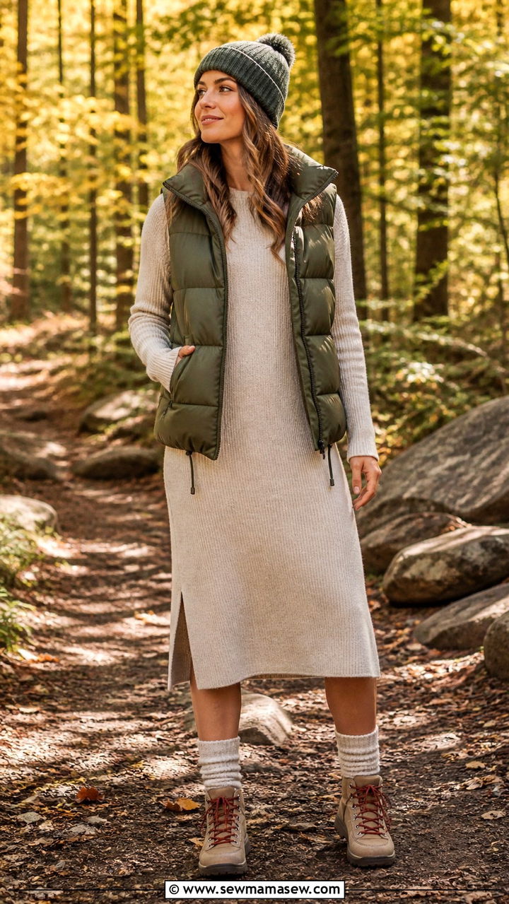 Midi dress with puffer vest and hiking boots - 40 midi dress outfit ideas