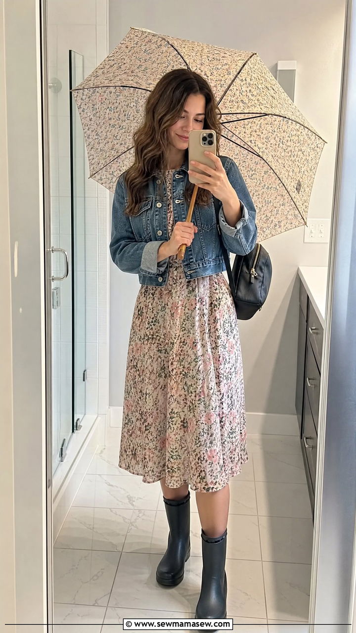 Midi dress with rain boots - 25 spring rainy day outfit ideas