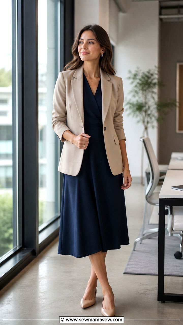 Midi dress with structured blazer and pointed flats - 40 casual office outfits