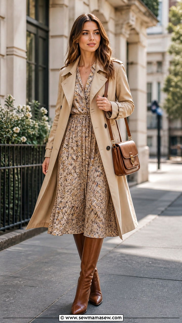 Midi dress with trench coat and knee high boots - 40 midi dress outfit ideas
