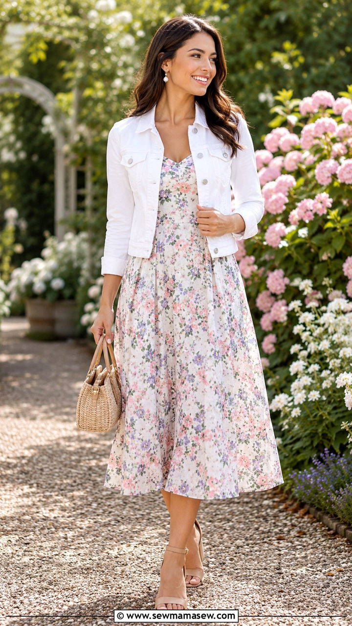 Midi dress with white denim jacket and nude block heels - 30 Midi dress with denim jacket outfit ideas