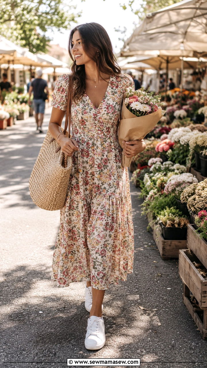 Midi dress with white sneakers and a woven tote bag - 30 spring city break outfit ideas