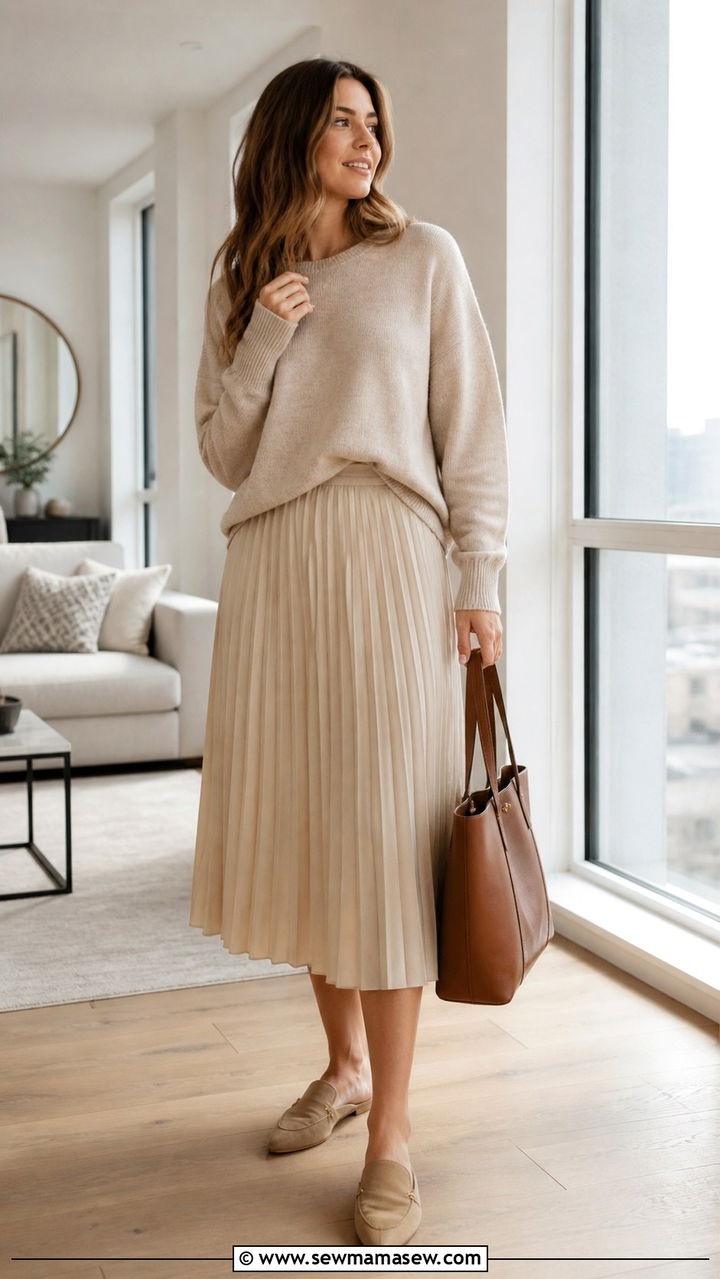 Midi pleated skirt with half tucked sweater and mules - 40 pleated skirt outfit ideas