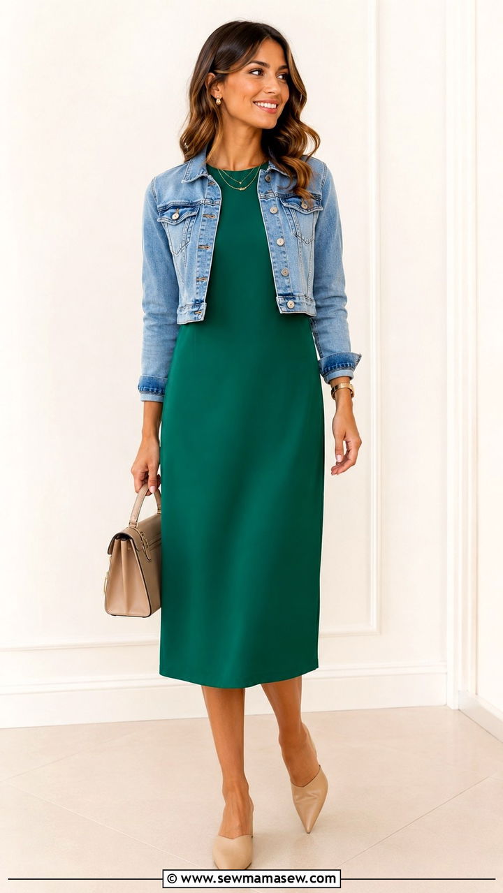 Midi shift dress with denim jacket and mules - 25 Shift dress outfit ideas with a denim jacket